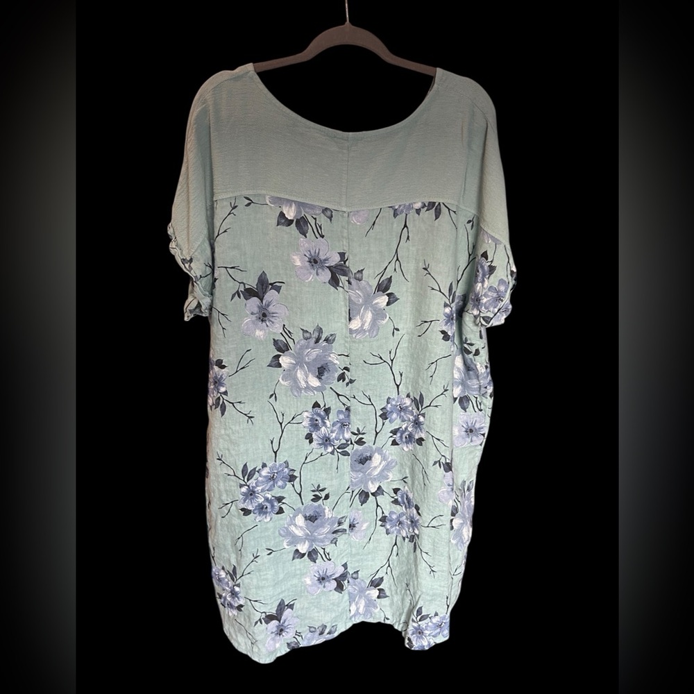 LUNGO L’ARNO Linen Floral Seafoam Green Shift Dress Tunic Made in Italy 2X‎ - Picture 3 of 12